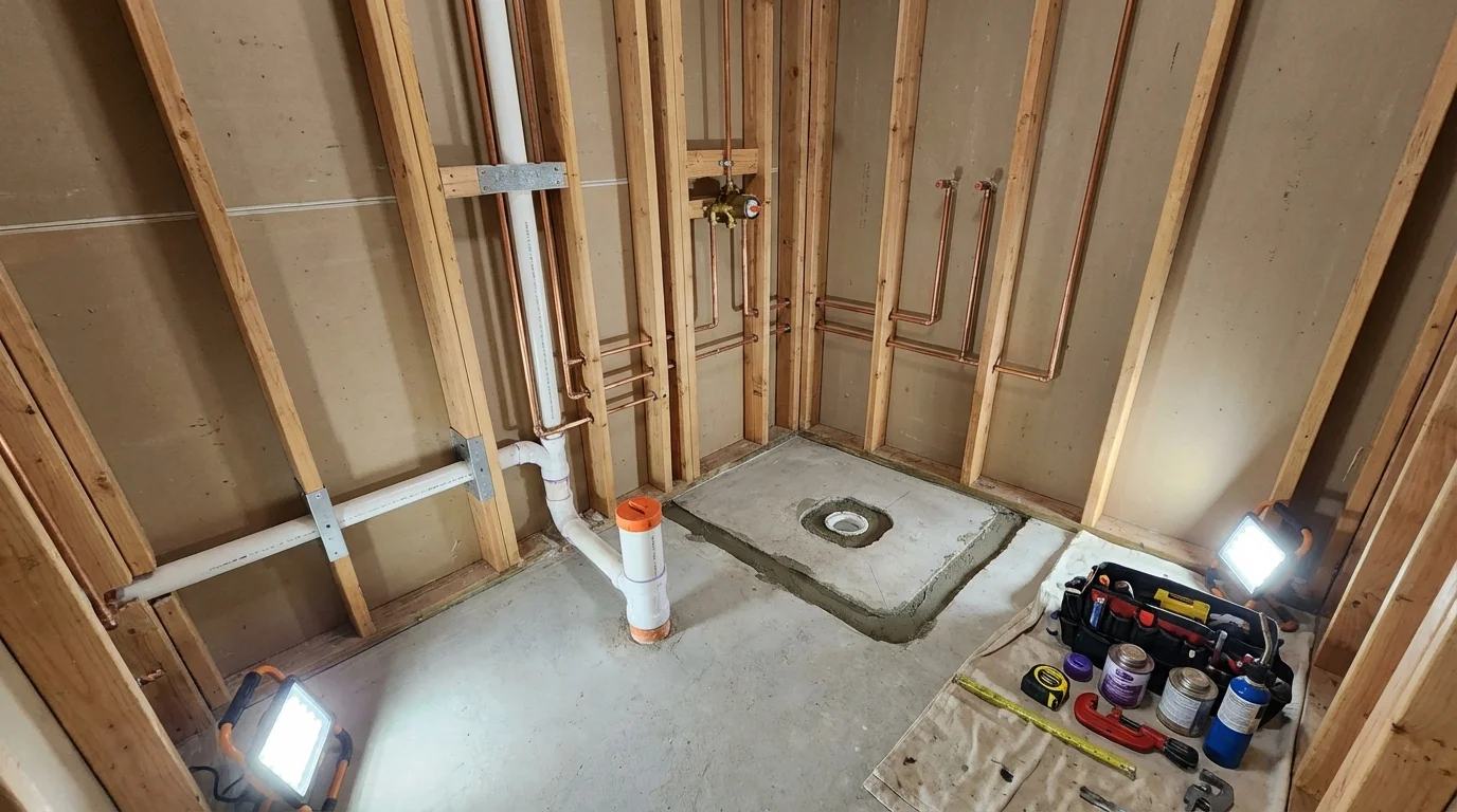 Bathroom rough-in plumbing during remodel by Johns Plumbing LLC in Frazeysburg