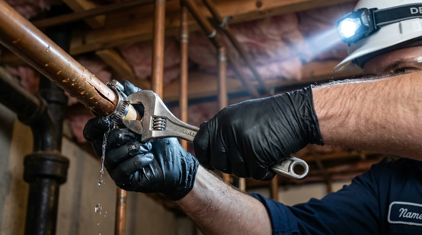 Emergency pipe clamp repair being performed by a Johns Plumbing LLC plumber in Frazeysburg