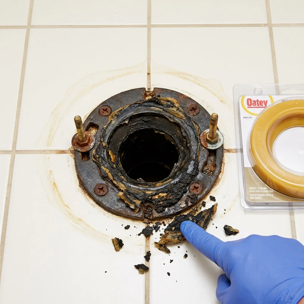 Failed wax ring showing water seepage at the base of a toilet in a Frazeysburg, OH home