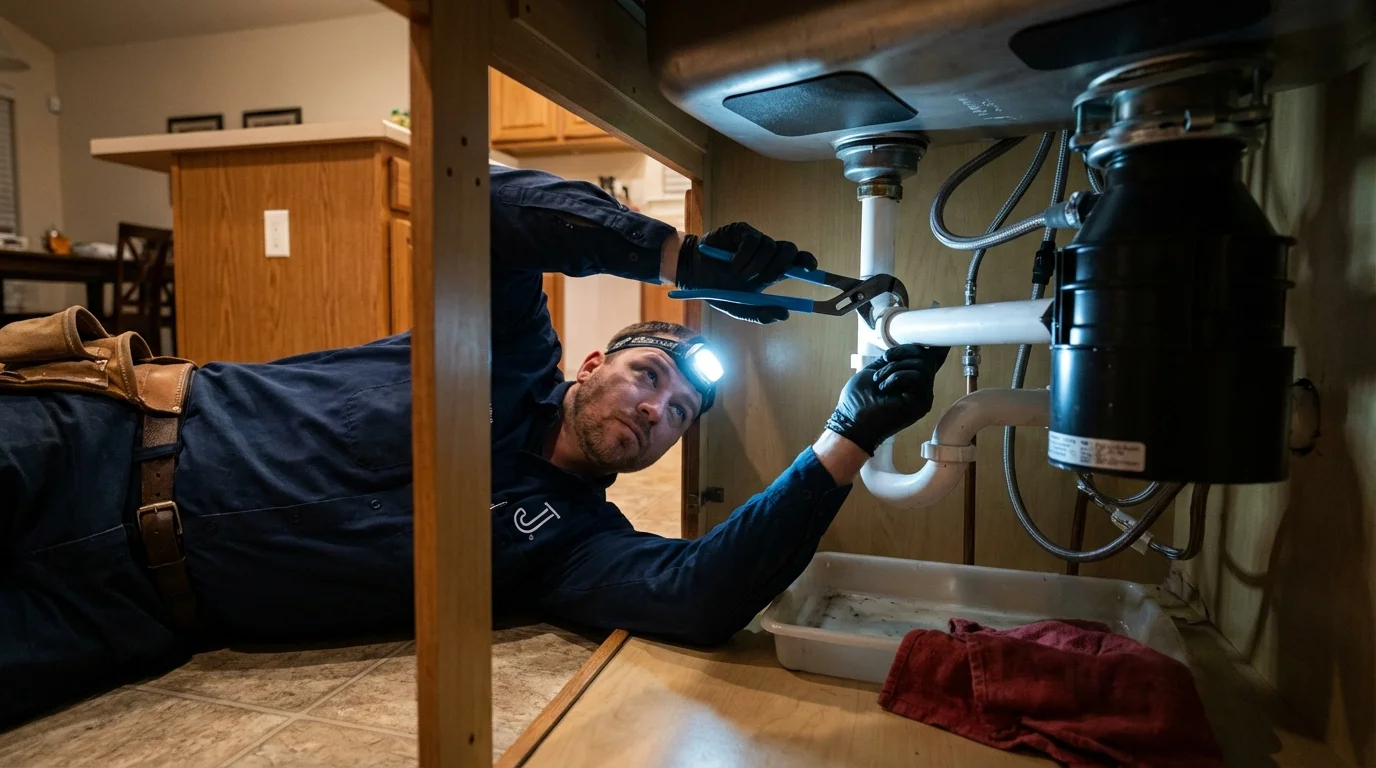 P-trap and supply line connections under a kitchen sink showing a common leak point in Frazeysburg, OH